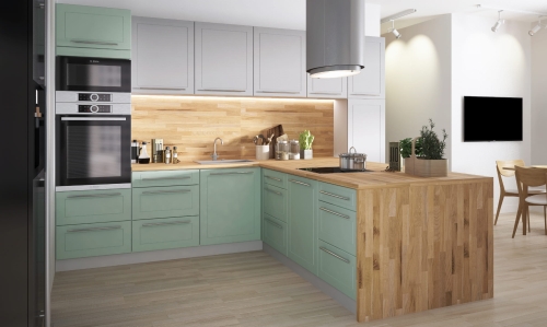 Meble do kuchni Quatro kolor mint w połączneiu z dust grey – fronty matowe laminowane