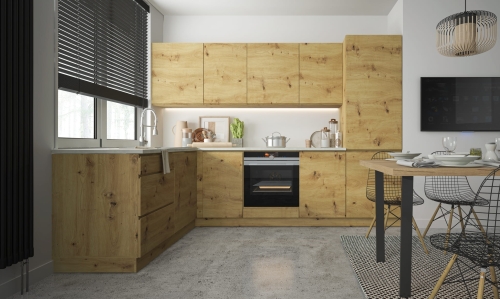 Zestaw mebli kuchennych Lizbona, laminowanych – nowoczesna i funkcjonalna zabudowa do każdej kuchni.  Fronty laminowane w kolorze: DĄB ARTISAN.