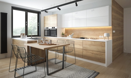 Kolekcja kuchni Barcelona – połączenie funkcjonalności i nowoczesnego designu. Fronty laminowane w kolorze: DĄB HALIFAX + akryl (Akryl)