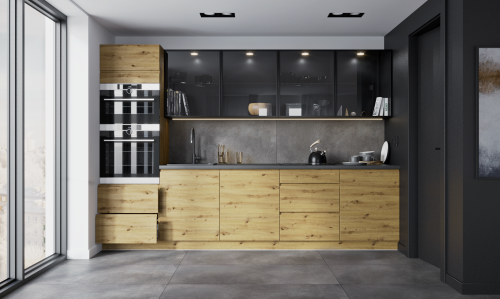 Kuchnia laminowana Lizbona – praktyczny zestaw mebli do nowoczesnych wnętrz. Fronty laminowane w kolorze: DĄB ARTISAN