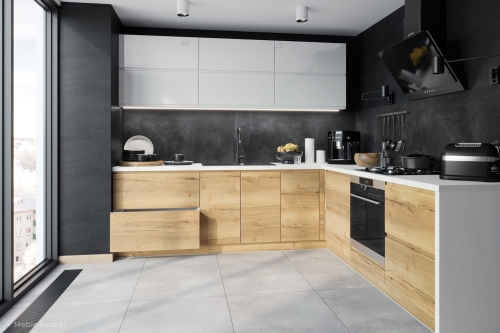 Kuchnia laminowana Barcelona – praktyczny zestaw mebli do nowoczesnych wnętrz. Fronty laminowane w kolorze: DĄB HALIFAX + akryl (Vigo)