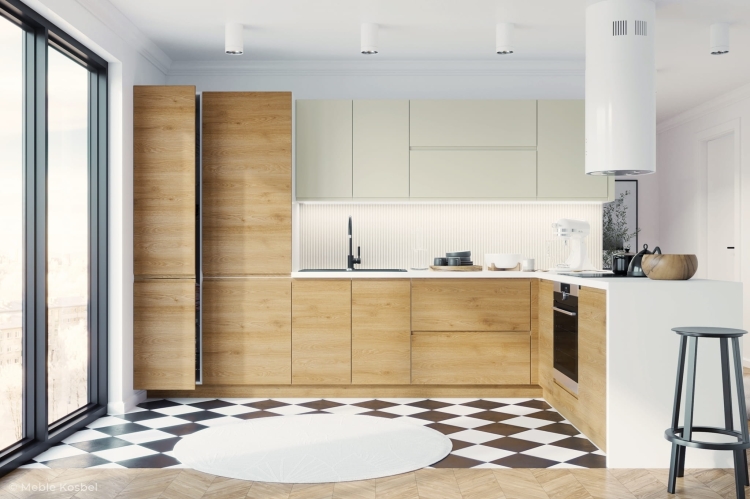 Zestaw mebli kuchennych Barcelona laminowanych w kolorze PEMBROKE + lakier (Wenus) – nowoczesna i funkcjonalna zabudowa do każdej kuchni