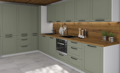 Kuchnia laminowana Avila Colorw wybarwieniu OPTIMUM GREEN – praktyczny zestaw mebli do nowoczesnych wnętrz.