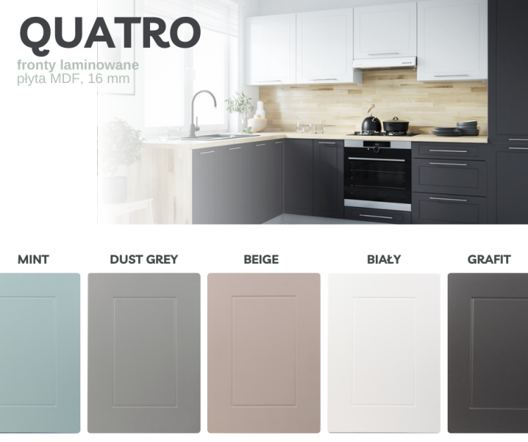 Paleta dostępnych kolorów frontów w kuchni laminowanej Quatro – wykończenie matowe