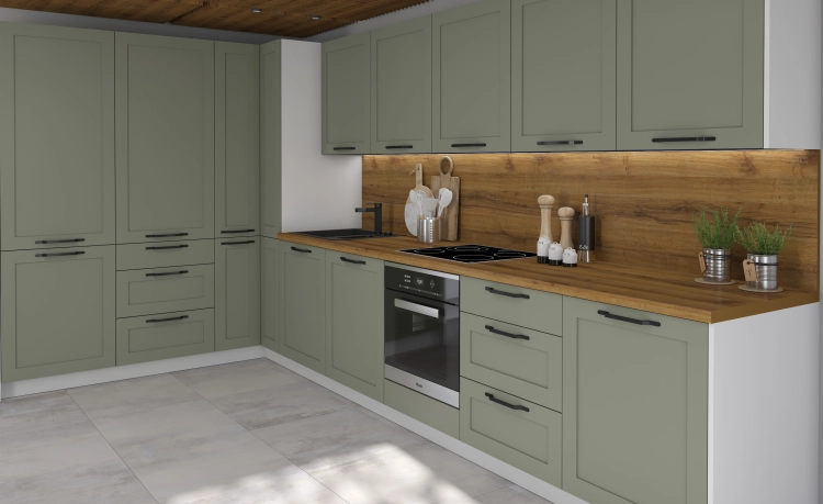 Kuchnia laminowana Avila Colorw wybarwieniu OPTIMUM GREEN – praktyczny zestaw mebli do nowoczesnych wnętrz.